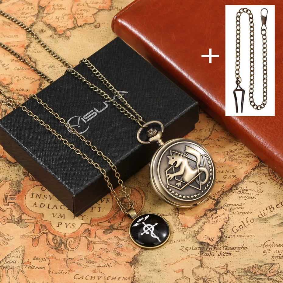 4pcs/set Popular Fullmetal Alchemist Gifts Sets Quartz Pocket Watch with Cosplay Edward Elric Anime Necklace Pendant Anime Clock