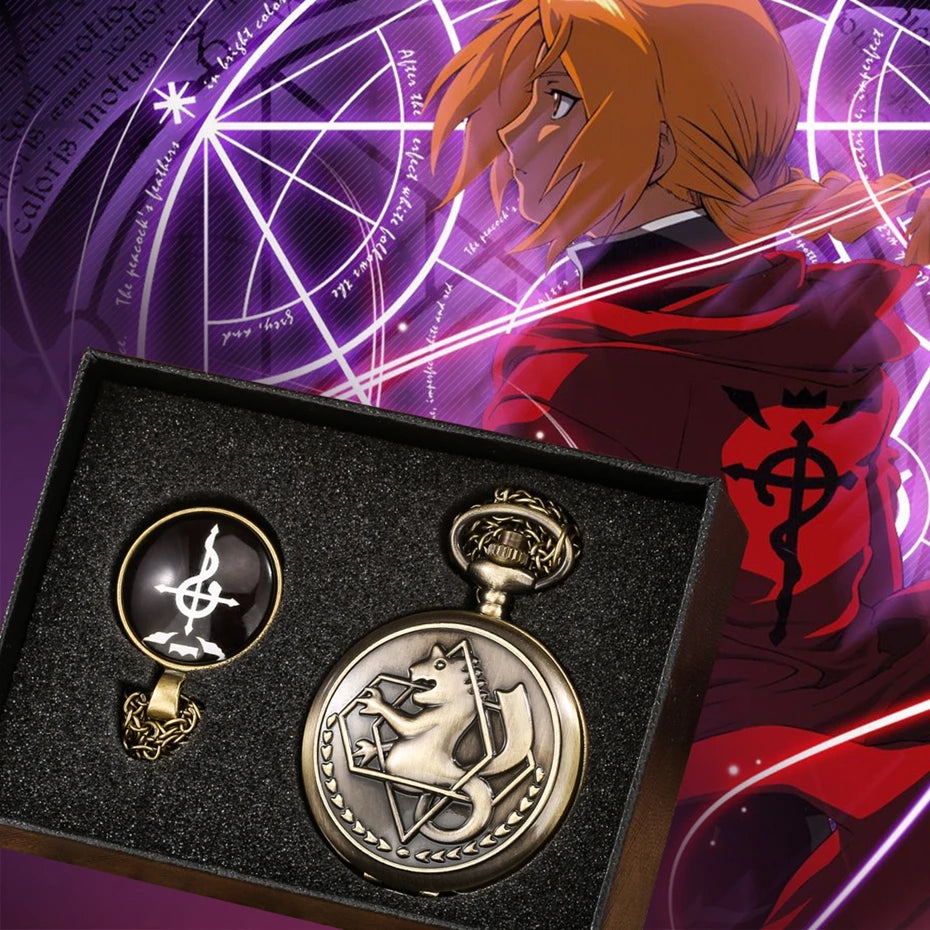 4pcs/set Popular Fullmetal Alchemist Gifts Sets Quartz Pocket Watch with Cosplay Edward Elric Anime Necklace Pendant Anime Clock
