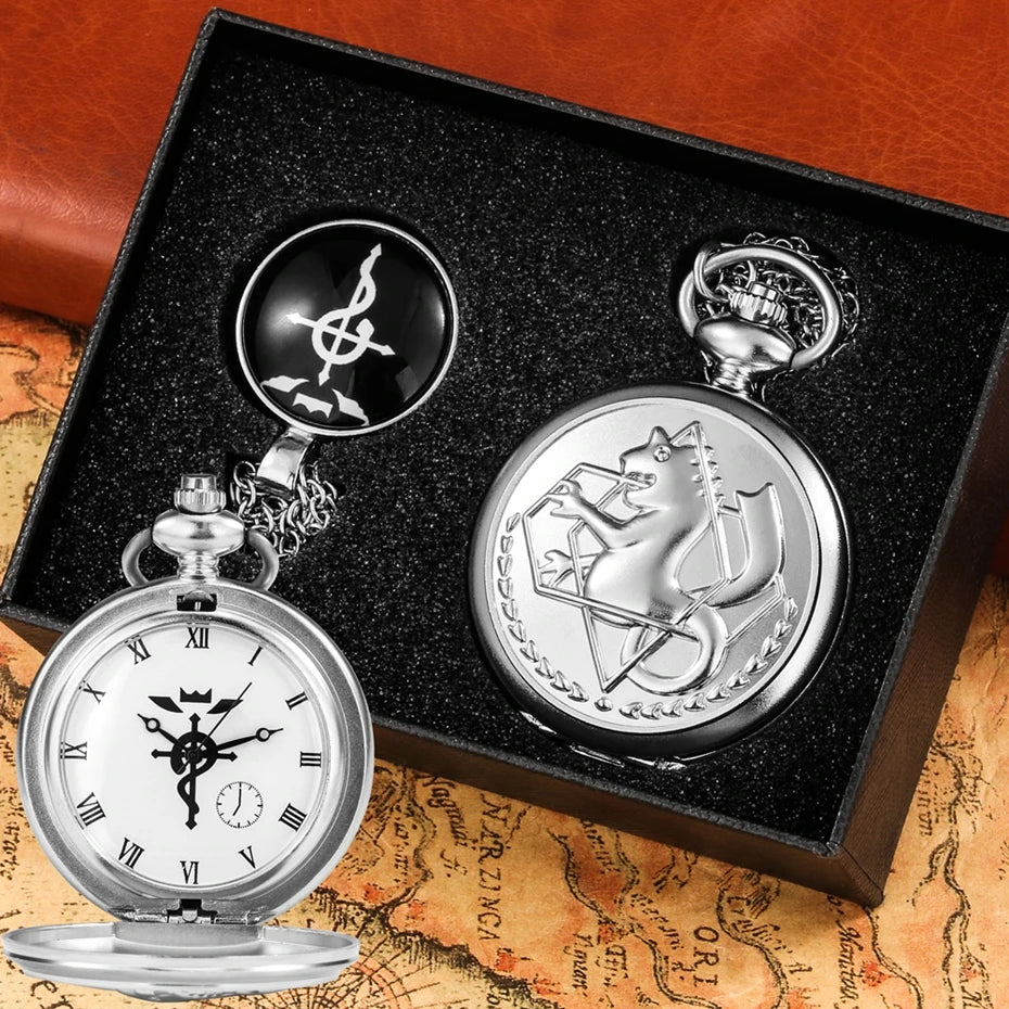 4pcs/set Popular Fullmetal Alchemist Gifts Sets Quartz Pocket Watch with Cosplay Edward Elric Anime Necklace Pendant Anime Clock
