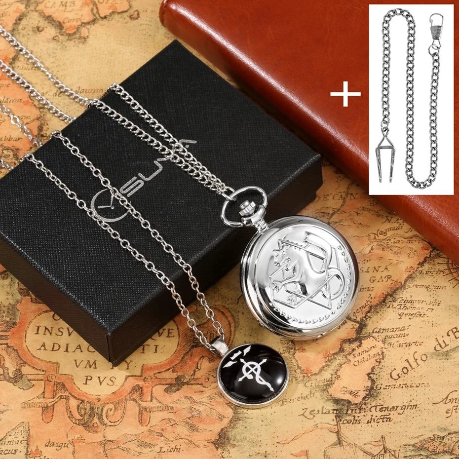 4pcs/set Popular Fullmetal Alchemist Gifts Sets Quartz Pocket Watch with Cosplay Edward Elric Anime Necklace Pendant Anime Clock