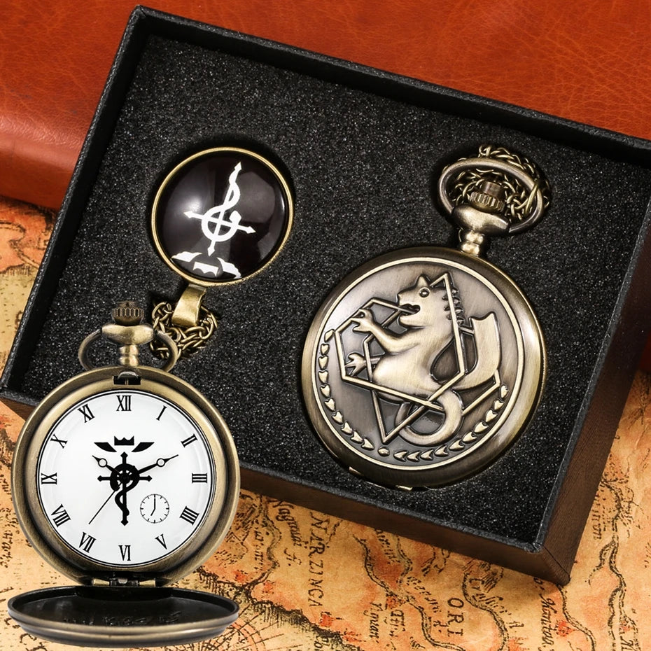 4pcs/set Popular Fullmetal Alchemist Gifts Sets Quartz Pocket Watch with Cosplay Edward Elric Anime Necklace Pendant Anime Clock
