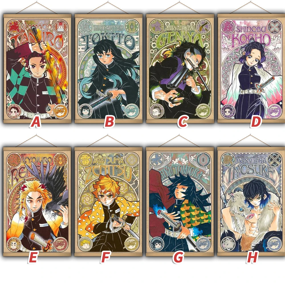 Anime Manga Kamado Tanjirou Japan Nezuko Wall Poster Canvas Painting Solid Wood Hanging Scroll for Demon Slayer