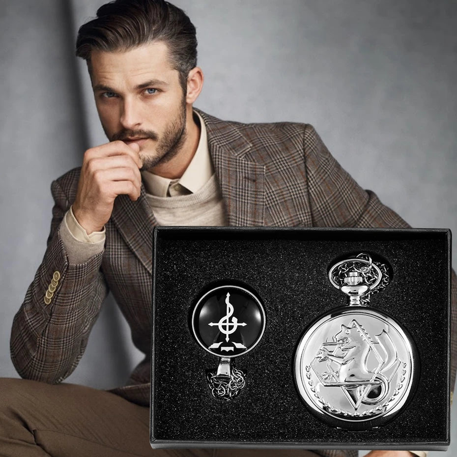 4pcs/set Popular Fullmetal Alchemist Gifts Sets Quartz Pocket Watch with Cosplay Edward Elric Anime Necklace Pendant Anime Clock