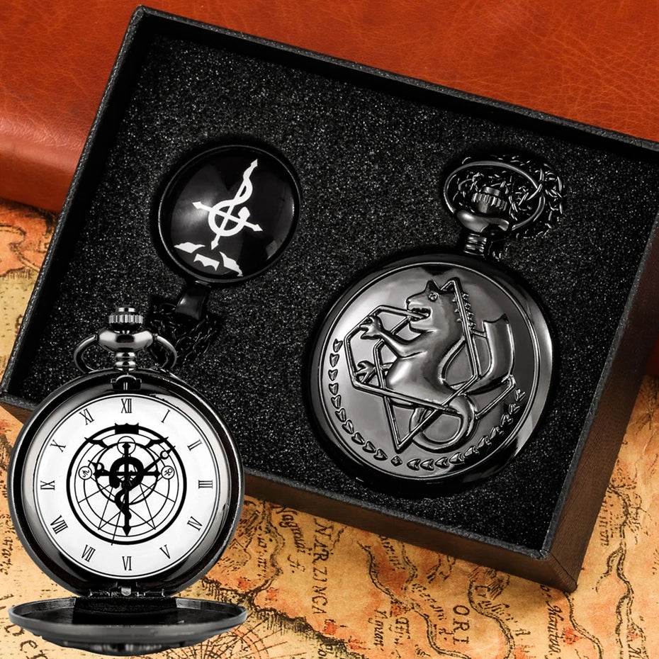 4pcs/set Popular Fullmetal Alchemist Gifts Sets Quartz Pocket Watch with Cosplay Edward Elric Anime Necklace Pendant Anime Clock