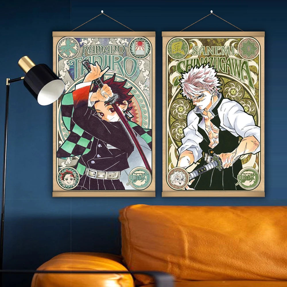 Anime Manga Kamado Tanjirou Japan Nezuko Wall Poster Canvas Painting Solid Wood Hanging Scroll for Demon Slayer