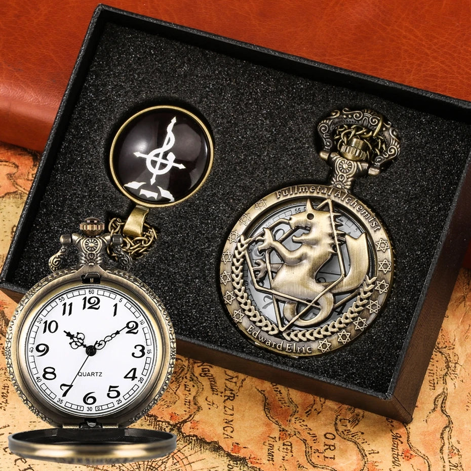 4pcs/set Popular Fullmetal Alchemist Gifts Sets Quartz Pocket Watch with Cosplay Edward Elric Anime Necklace Pendant Anime Clock