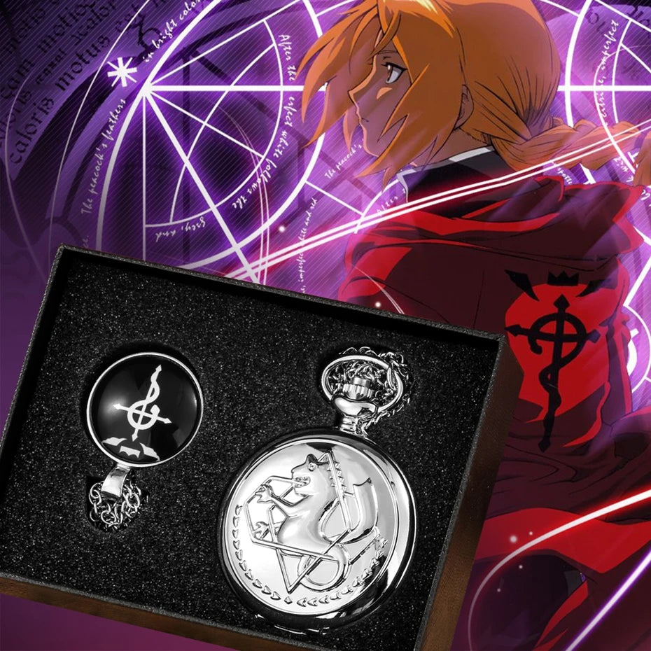 4pcs/set Popular Fullmetal Alchemist Gifts Sets Quartz Pocket Watch with Cosplay Edward Elric Anime Necklace Pendant Anime Clock
