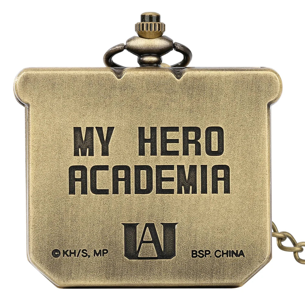Bronze My Hero Academia Anime Quartz Pocket Watch Square Shaped Alloy Metal Steampunk Men Watch with Chain Antique Clock Vintage