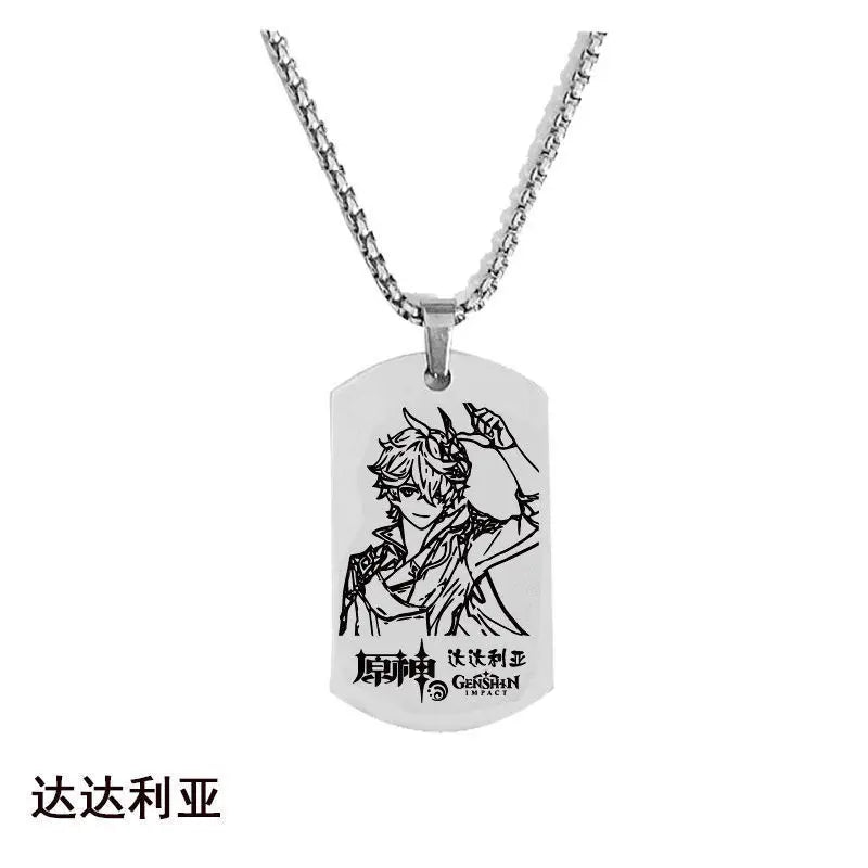 Engraved Genshin Impact Figure ID Pendant Necklace Tartaglia Keqing Diluc Stainless Steel Dog Tags Jewelry Accessories