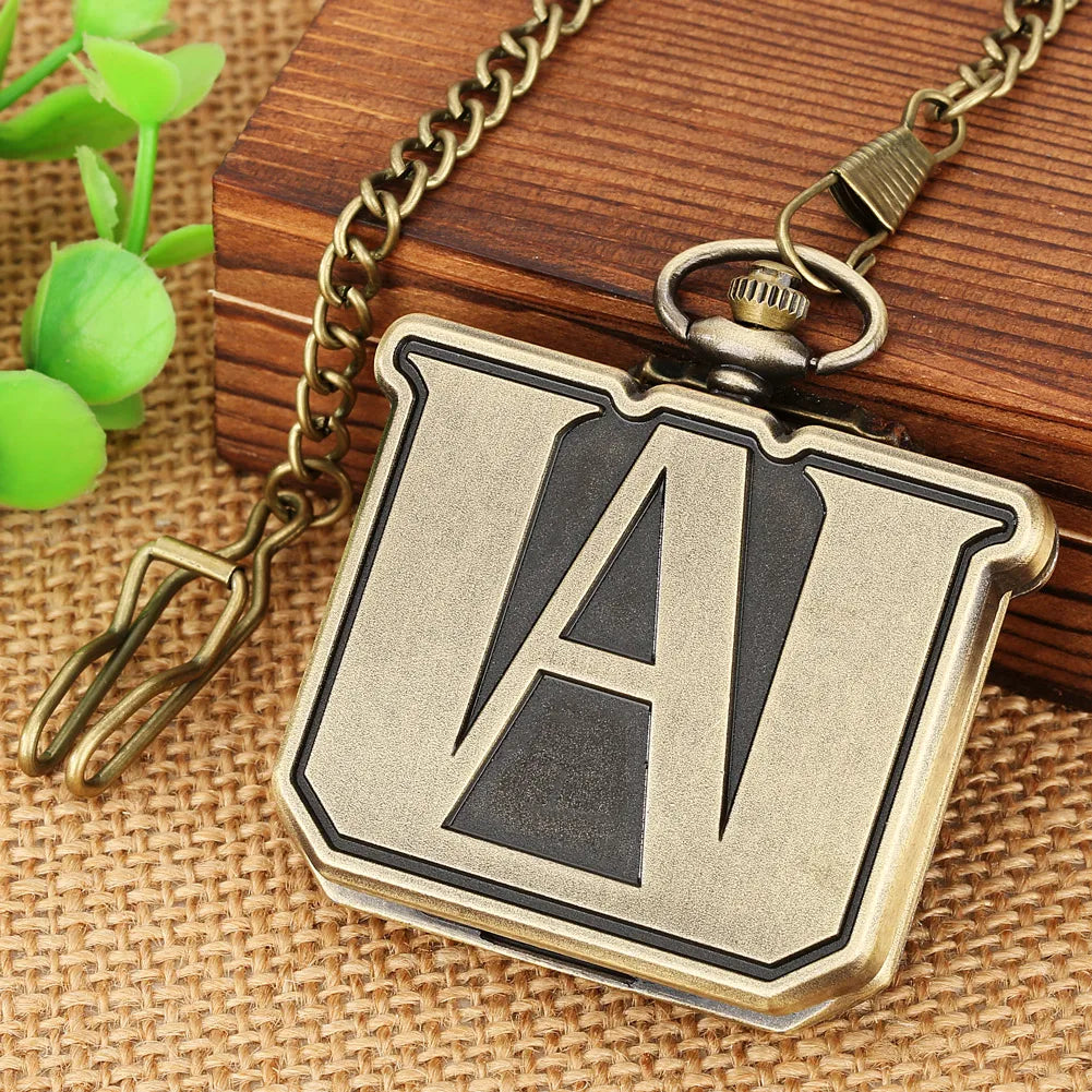 Bronze My Hero Academia Anime Quartz Pocket Watch Square Shaped Alloy Metal Steampunk Men Watch with Chain Antique Clock Vintage