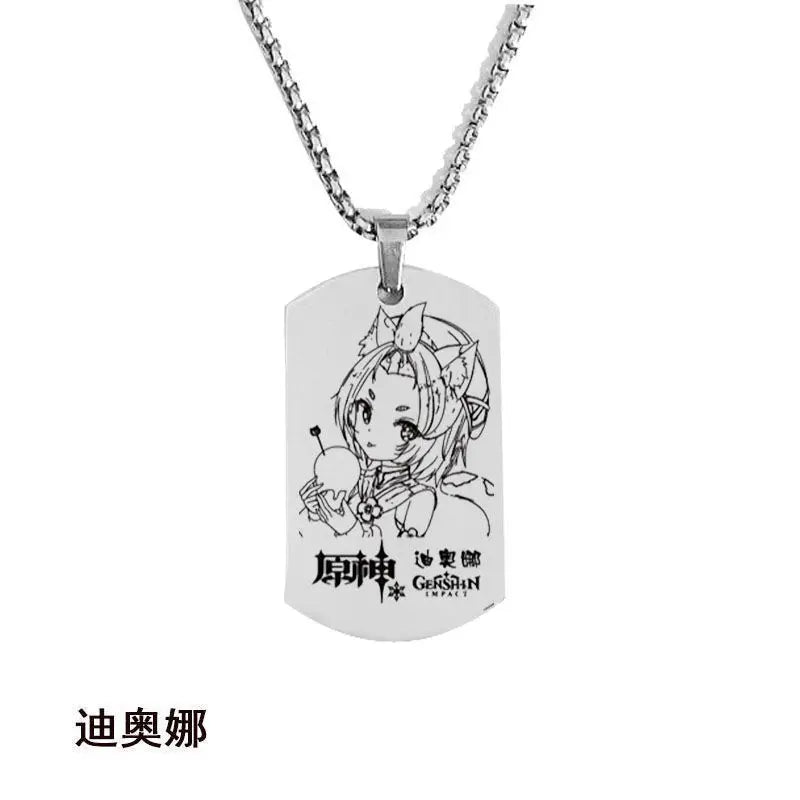 Engraved Genshin Impact Figure ID Pendant Necklace Tartaglia Keqing Diluc Stainless Steel Dog Tags Jewelry Accessories