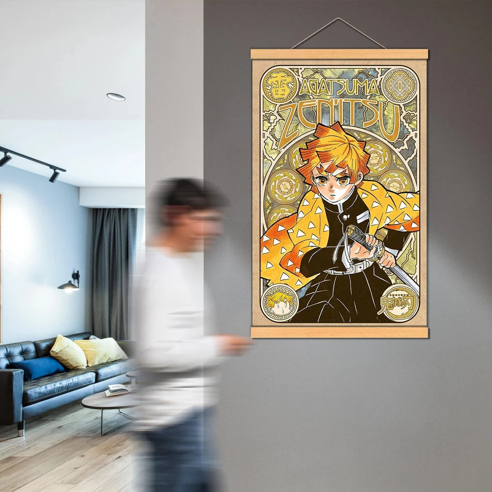 Anime Manga Kamado Tanjirou Japan Nezuko Wall Poster Canvas Painting Solid Wood Hanging Scroll for Demon Slayer