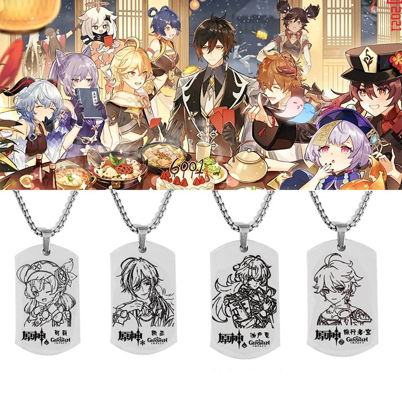 Engraved Genshin Impact Figure ID Pendant Necklace Tartaglia Keqing Diluc Stainless Steel Dog Tags Jewelry Accessories