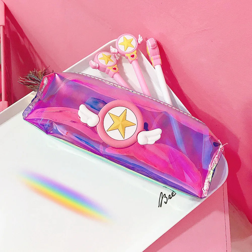 Card Captor Sakura Anime Printed PVC Laser Student Pen Bags Creative Pencil Office Stationeries Storage Cartoon Cosmetic Bag New