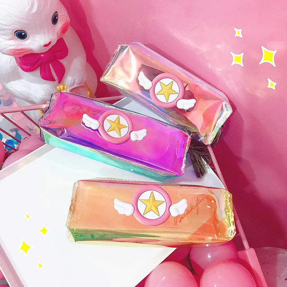 Card Captor Sakura Anime Printed PVC Laser Student Pen Bags Creative Pencil Office Stationeries Storage Cartoon Cosmetic Bag New