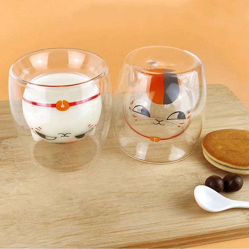 220ML Double Layers Coffee Mug Japanese Anime Cat Glass cup Insulation Drinking Mug Juice Coffee Cup Cartoon Tableware Kid Gift