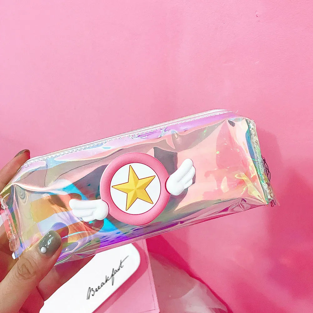 Card Captor Sakura Anime Printed PVC Laser Student Pen Bags Creative Pencil Office Stationeries Storage Cartoon Cosmetic Bag New