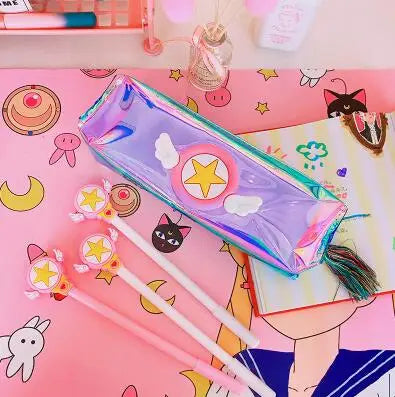 Card Captor Sakura Anime Printed PVC Laser Student Pen Bags Creative Pencil Office Stationeries Storage Cartoon Cosmetic Bag New