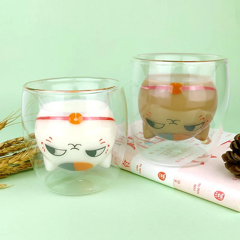 220ML Double Layers Coffee Mug Japanese Anime Cat Glass cup Insulation Drinking Mug Juice Coffee Cup Cartoon Tableware Kid Gift