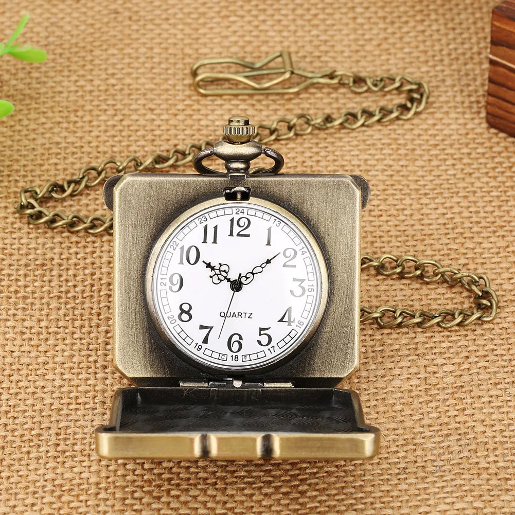 Bronze My Hero Academia Anime Quartz Pocket Watch Square Shaped Alloy Metal Steampunk Men Watch with Chain Antique Clock Vintage